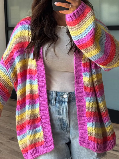 Multi-Color Striped Chunky Knit Open-Front Cardigan