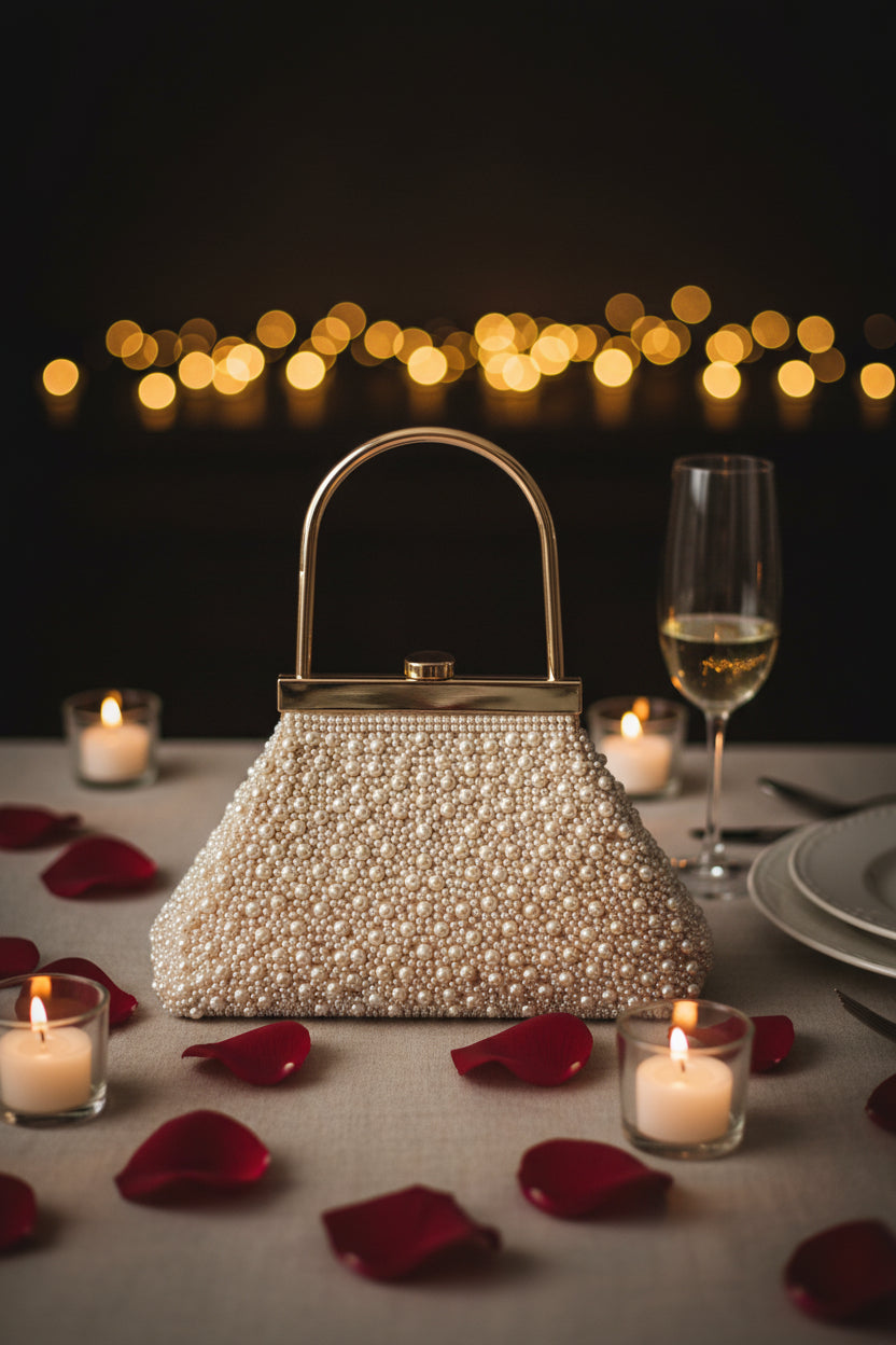 Top Handle Pearl Studs Evening Clutch Bag