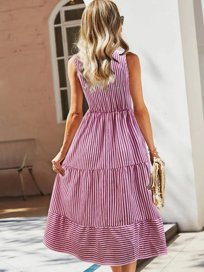 Striped Sleeveless Tiered Midi Dress
