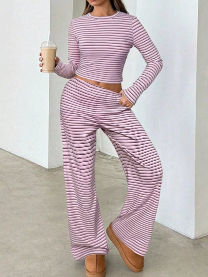 Striped Long Sleeve Crop Top and Wide Leg Pants Set