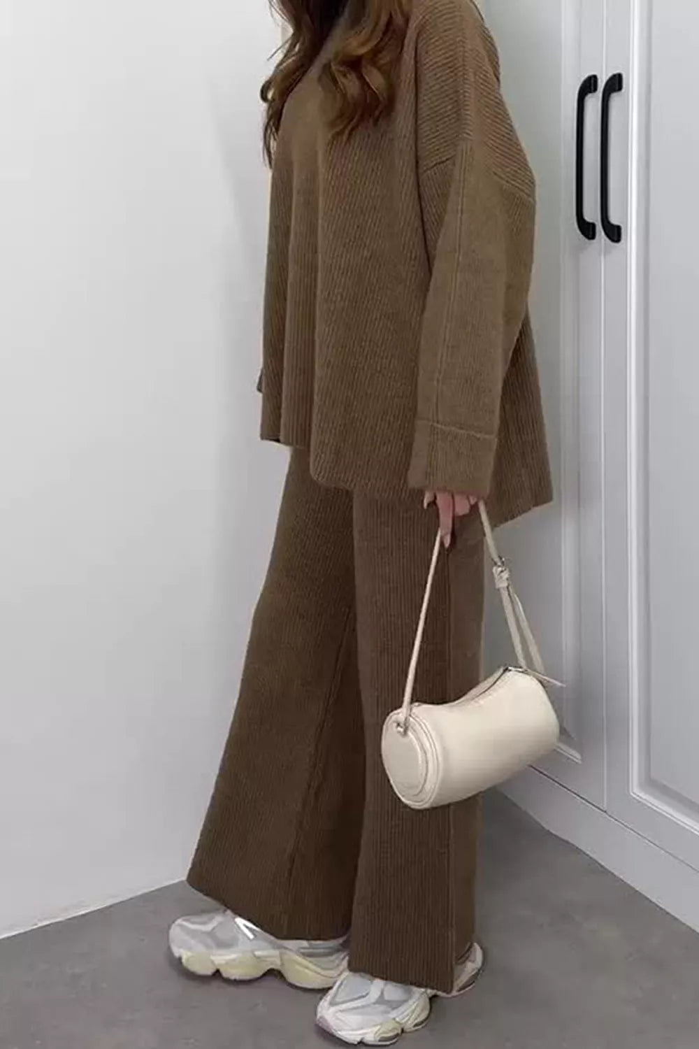 Dropped Shoulder Knit Sweater and Wide Leg Pants Set