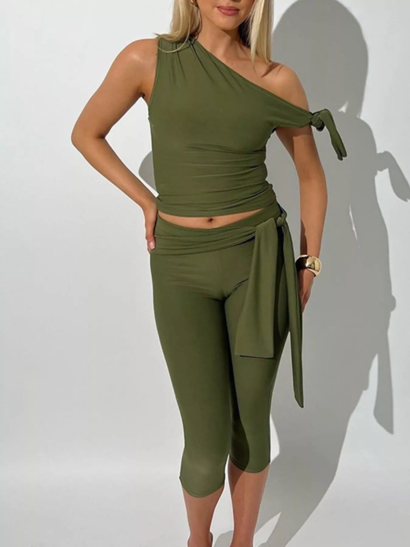 One-Shoulder Tie-Knot Top and Capris Set