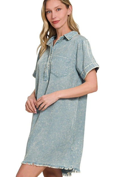 Mineral Washed Collared Shirt Dress
