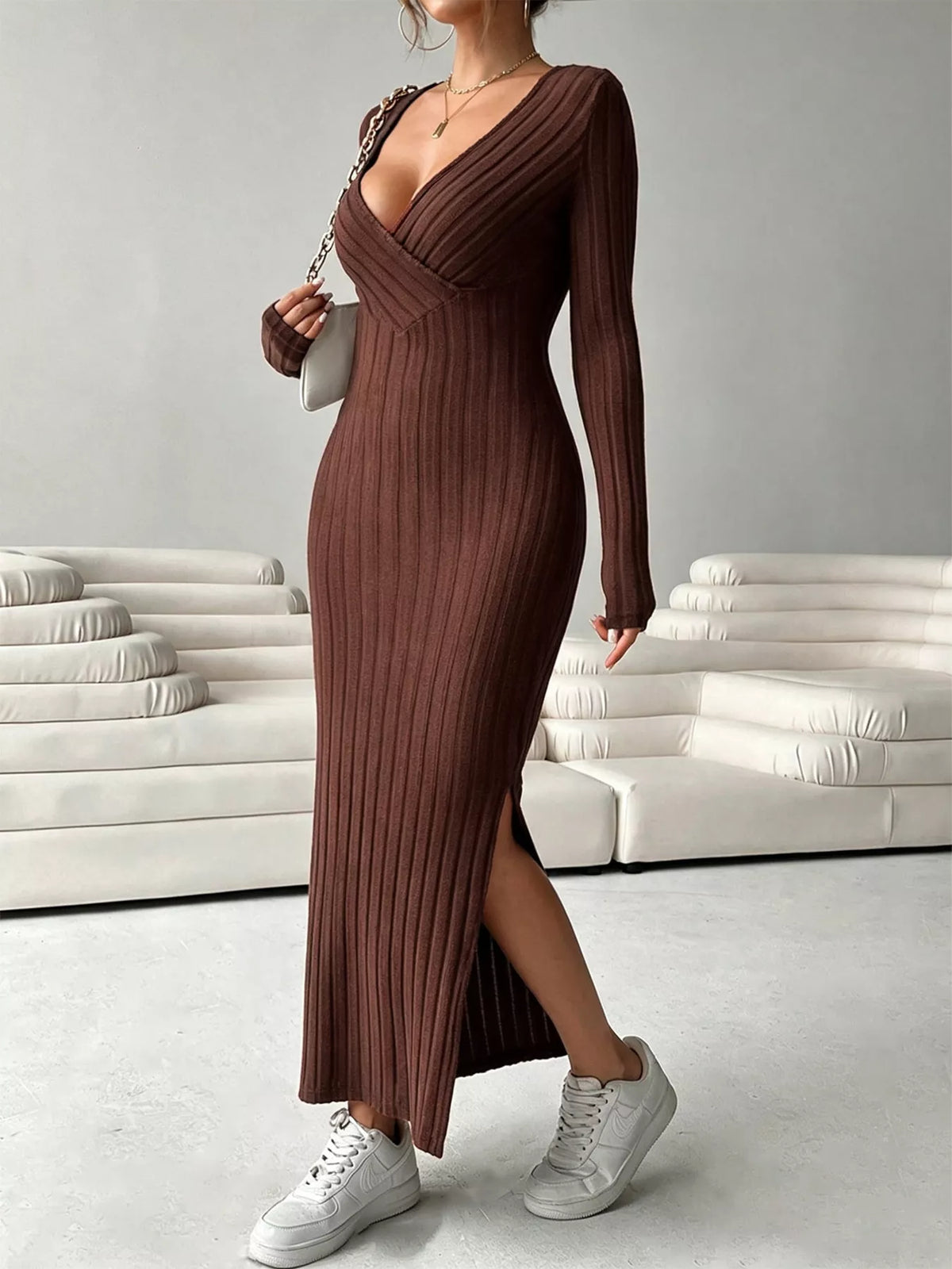 Slit Long Sleeve Ribbed Knit Maxi Dress