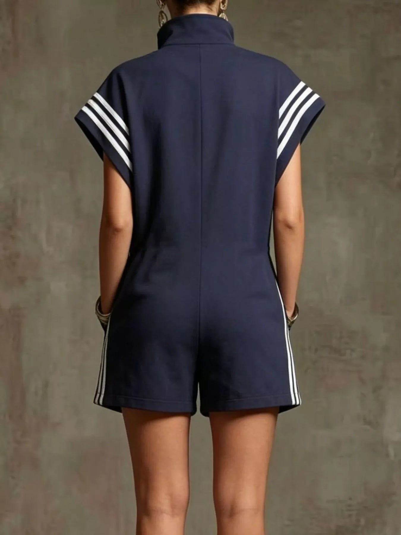 Striped Zip Front Short Sleeve Romper