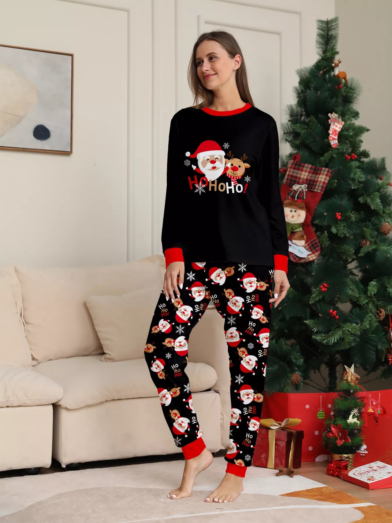 Full Size Matching Family Christmas Pajamas Set with Santa and Reindeer Print Plus Size