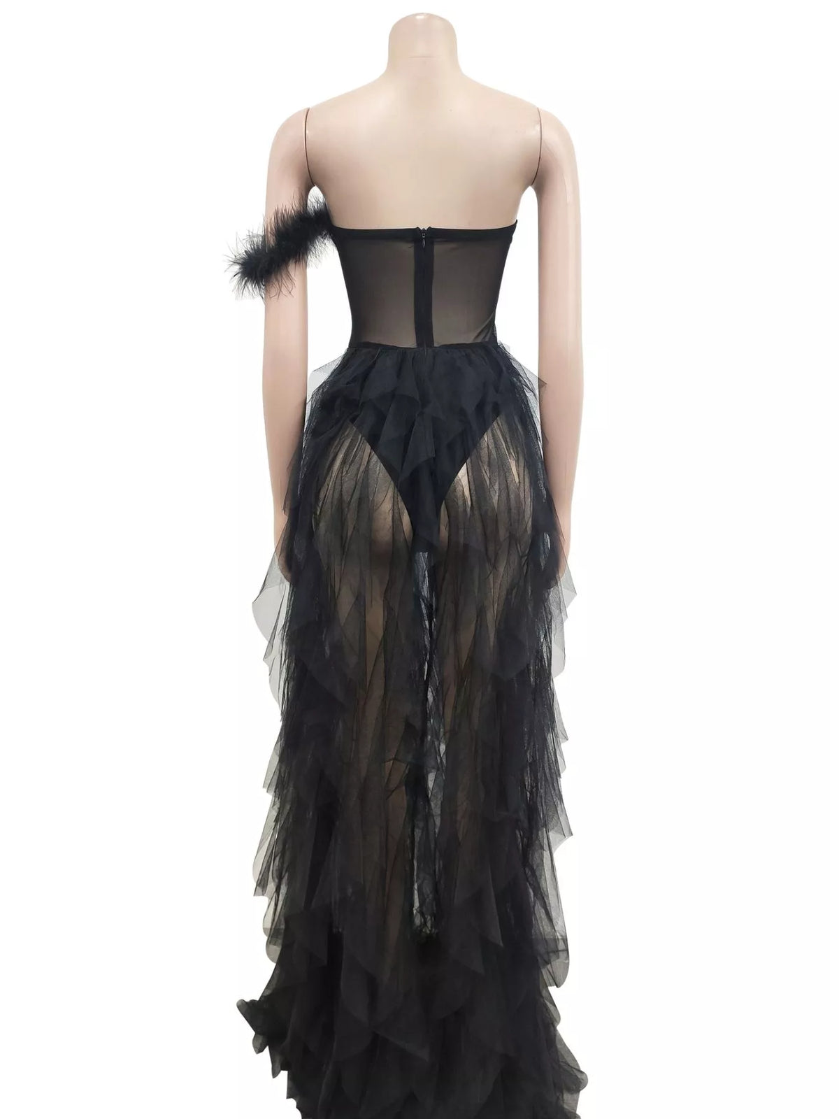 Feathered corset tulle dress, view 8