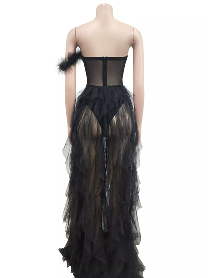 Feathered corset tulle dress, view 8
