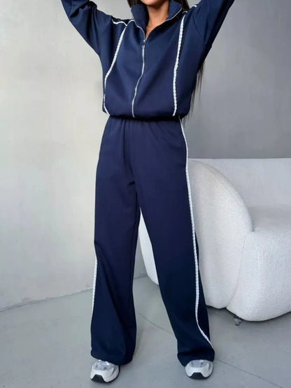 Lace-Trim Zip Jacket & Wide-Leg Pants Lounge Set