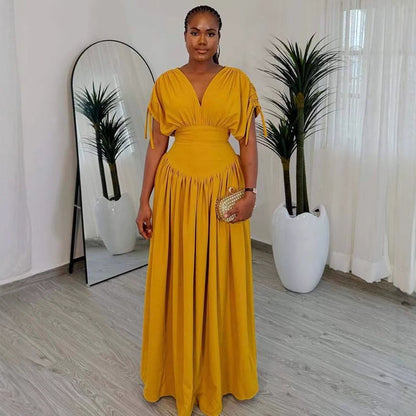 V-sleeve Elastic High Waisted Long Dress