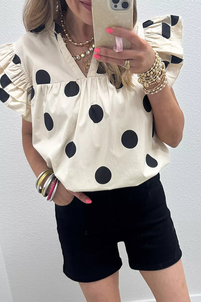Casual Polka Dot V-Neck Short Sleeve Blouse
