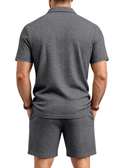 Men's Full Size Textured Short Sleeve Polo and Shorts Set Plus Size