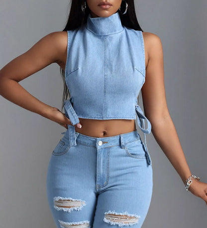 Sleeveless Cropped Denim Turtleneck
