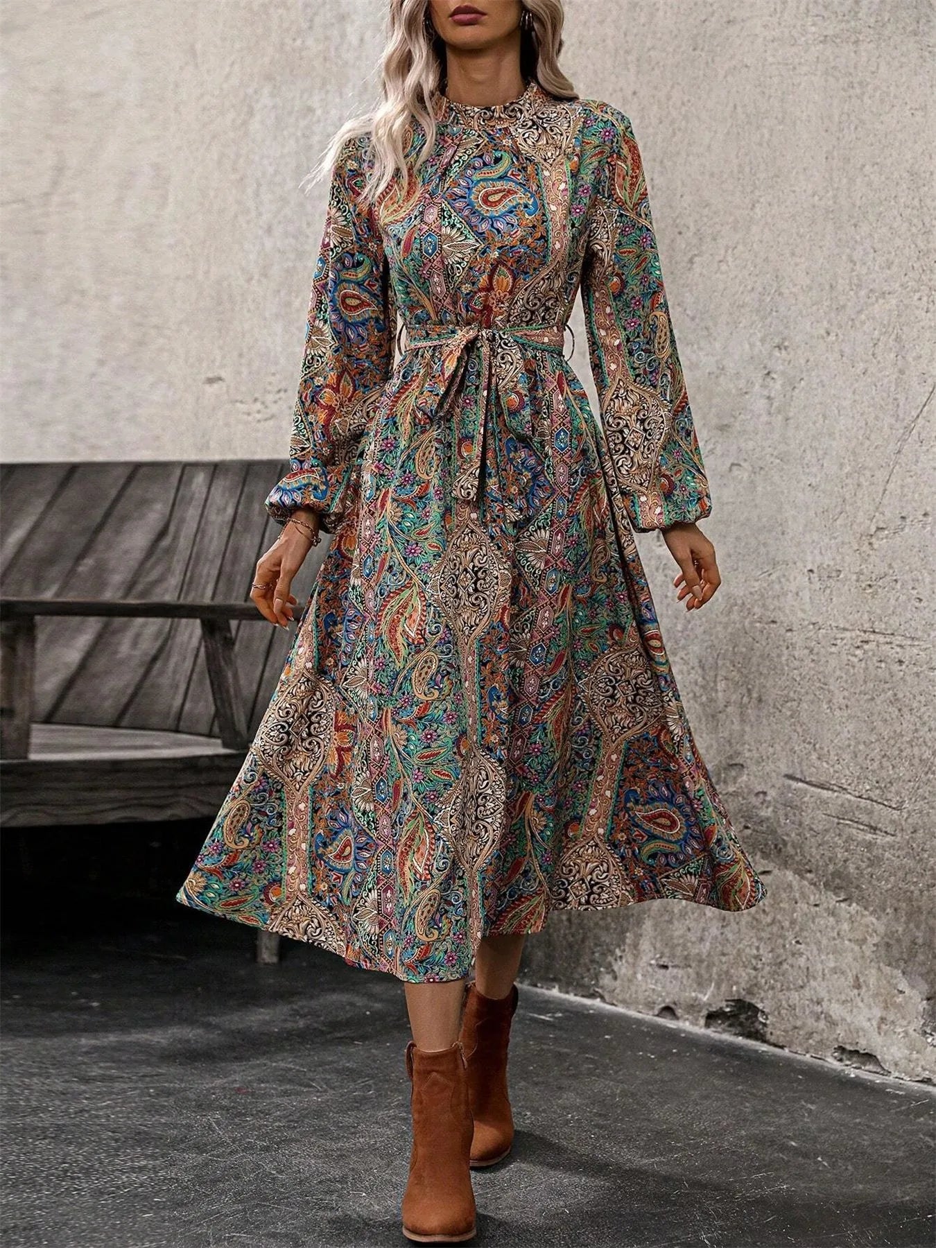 Paisley Print Long Sleeve Midi Dress