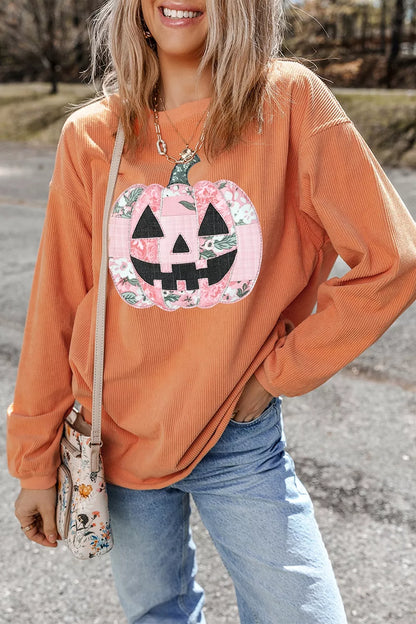 Patchwork Pumpkin Ribbed Round Neck
