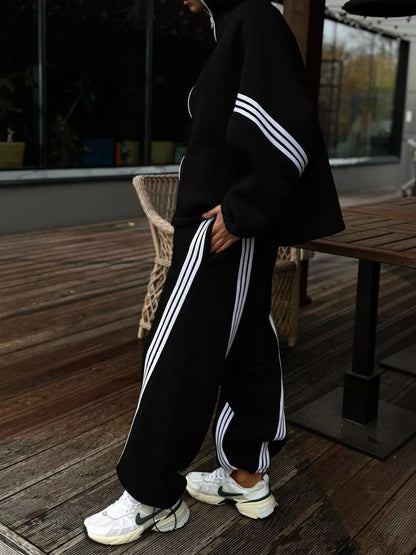 Contrast Striped Zip Up Top and Pants Set