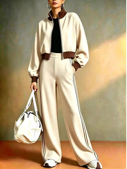 Contrast ribbed jacket & wide-leg pants set