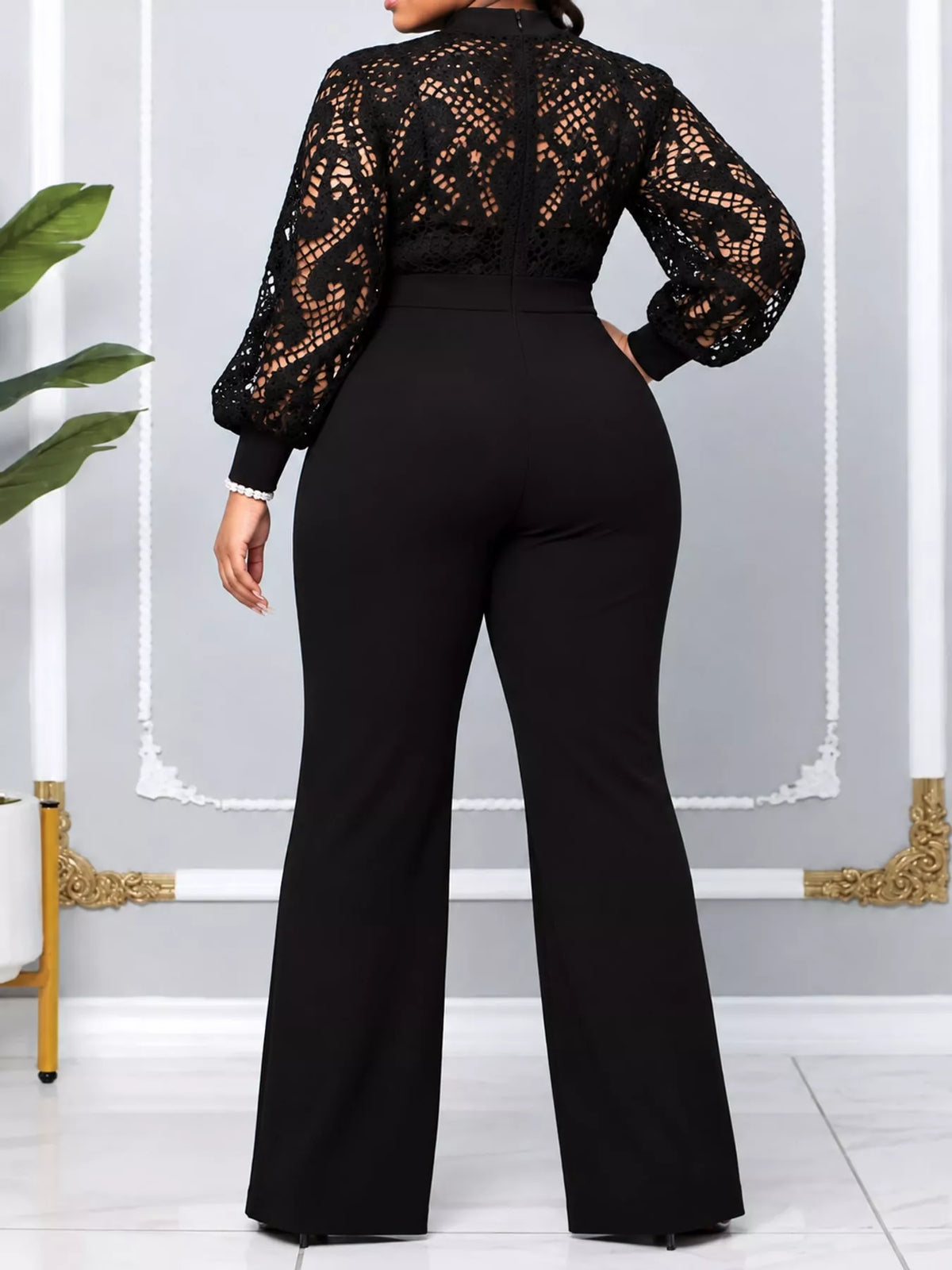 Plus Size Lace Lantern Sleeve Flare Jumpsuit