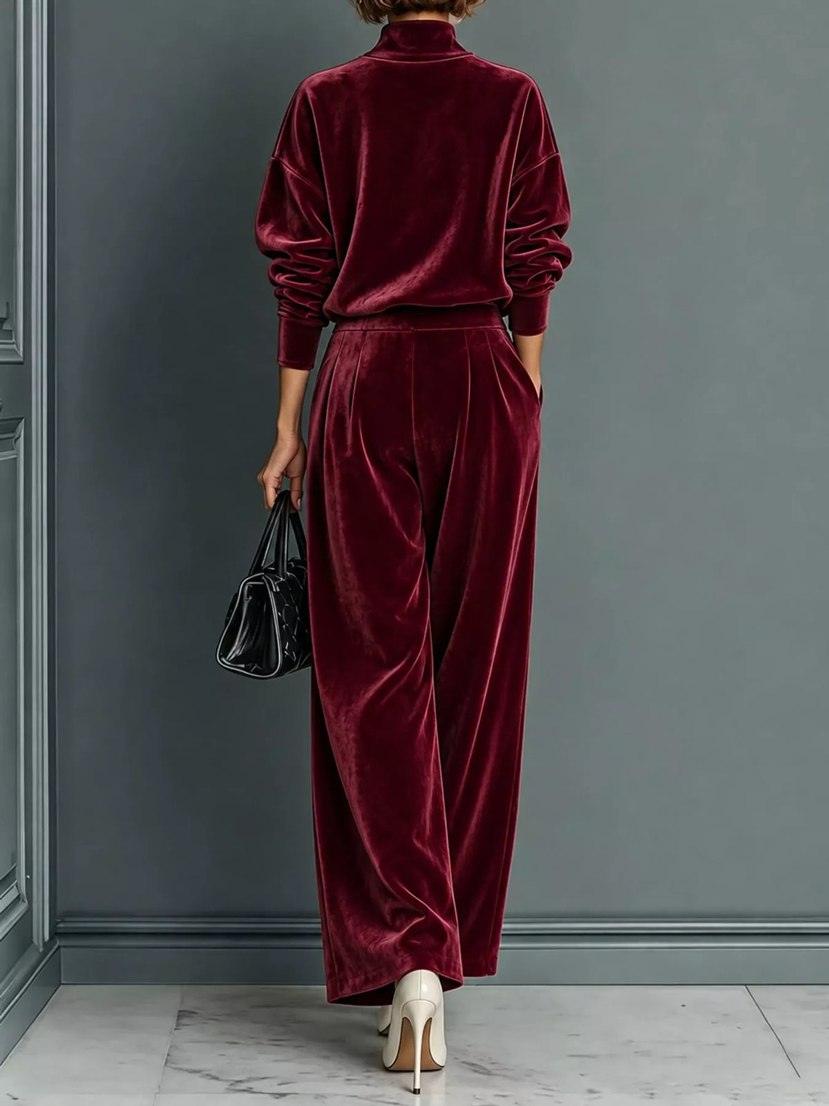 Velvet mock neck top and pants set, view 16