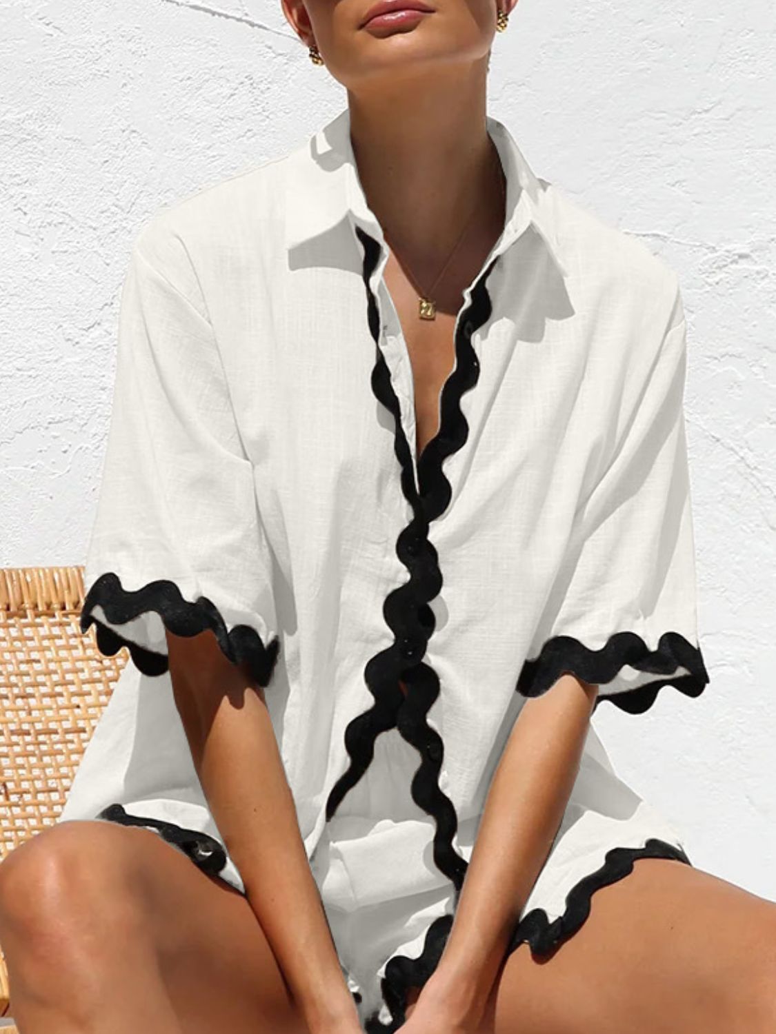 Contrast Trim Half Sleeve Shorts Set