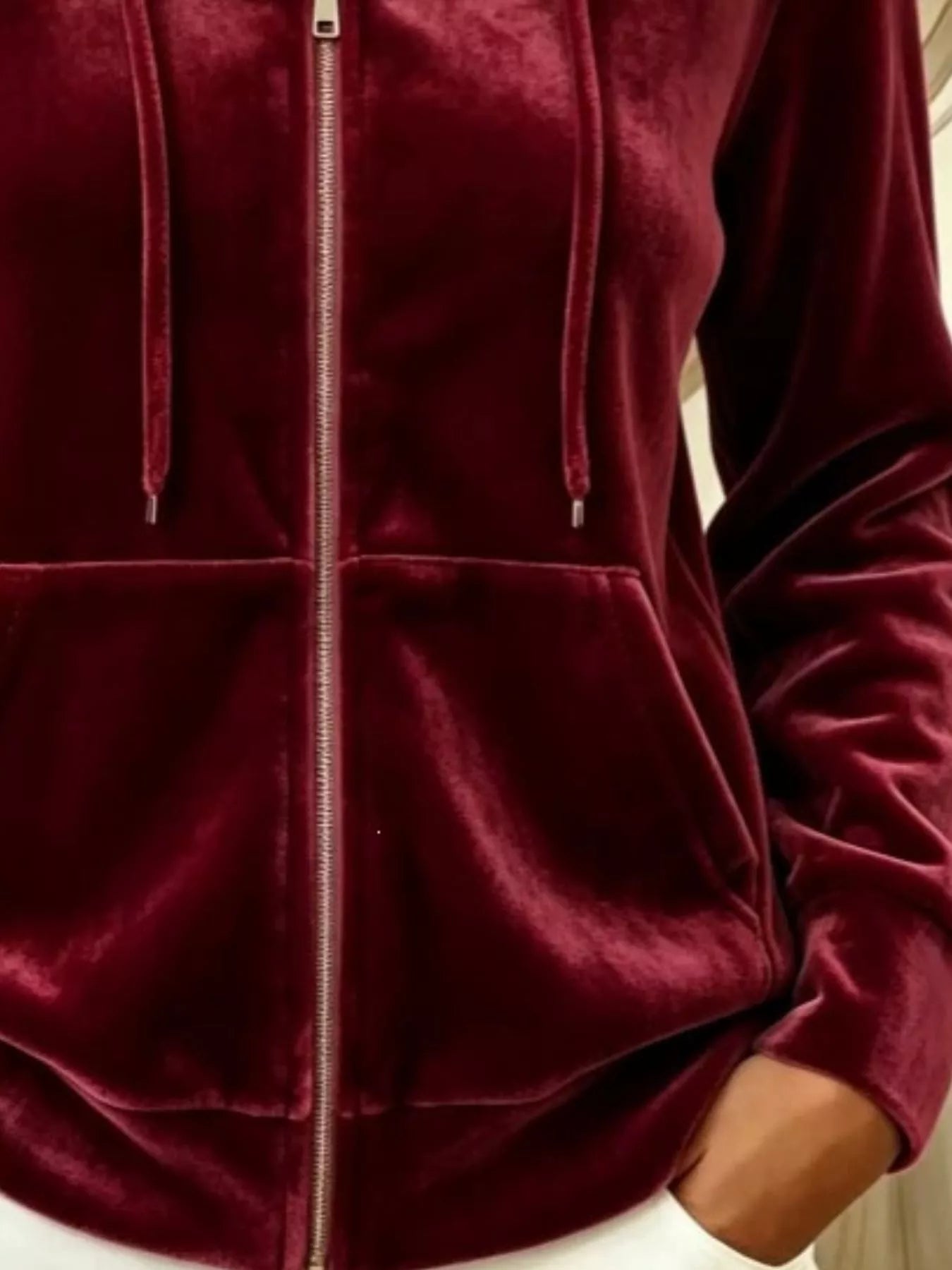 Full Size Velvet Zip-Up Hoodie with Drawstring Plus Size