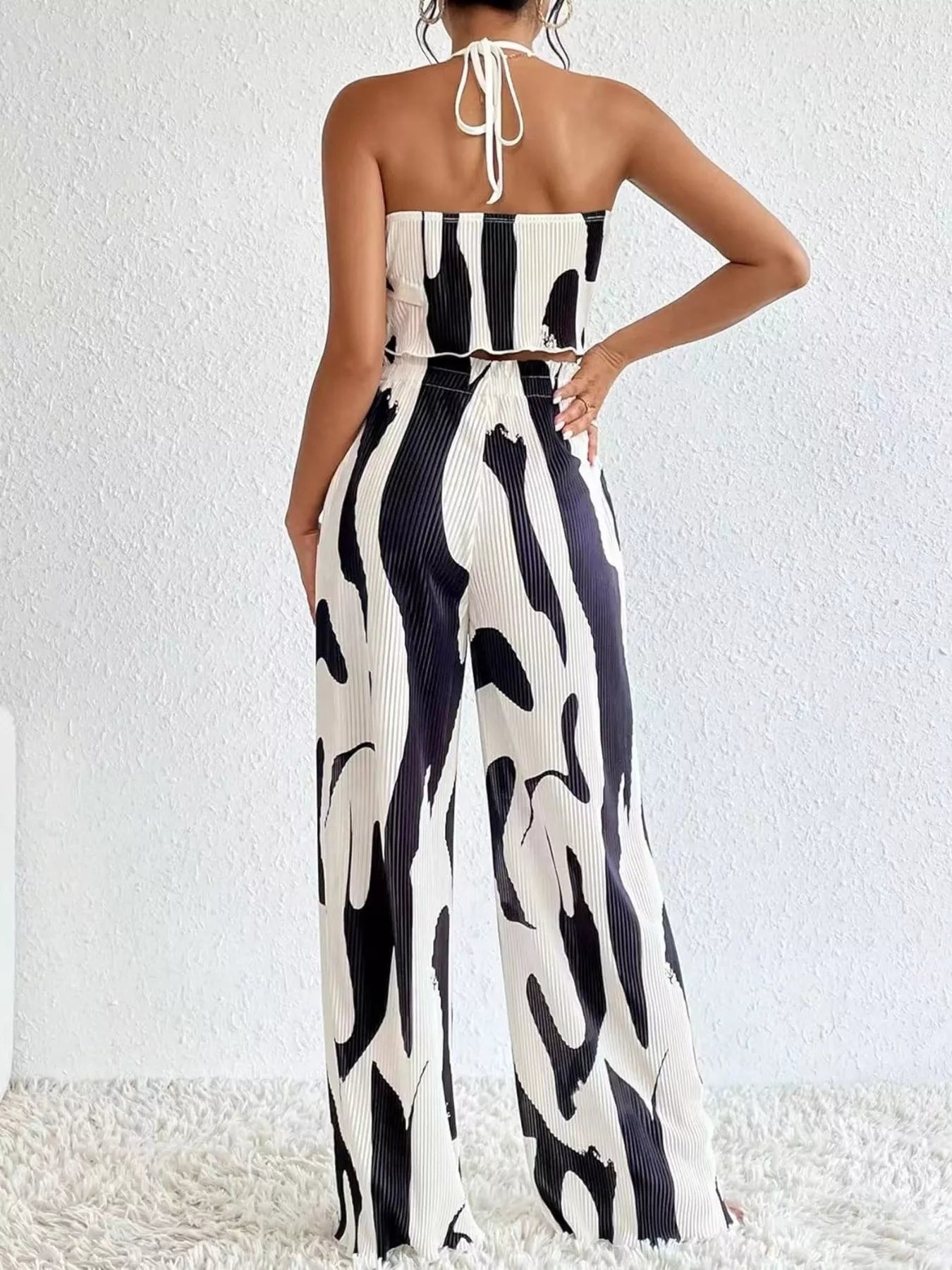 Abstract Print Halter Neck Crop Top and Wide Leg Pants Set