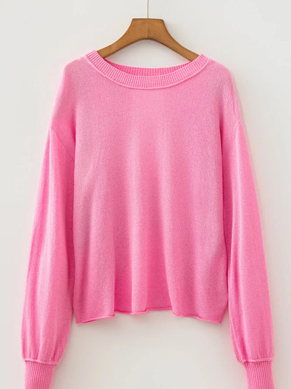 Drop Shoulder Round Neck Long Sleeve Backless Sweater