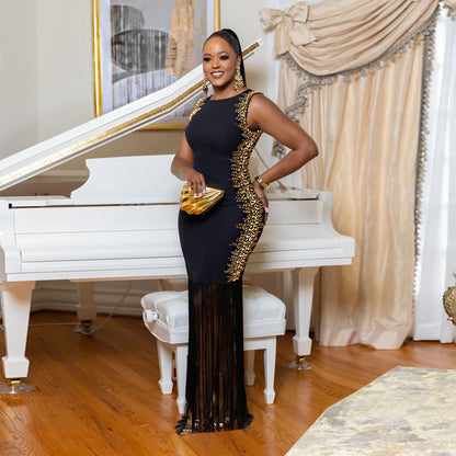 Hot stamping sleeveless fringe long dress