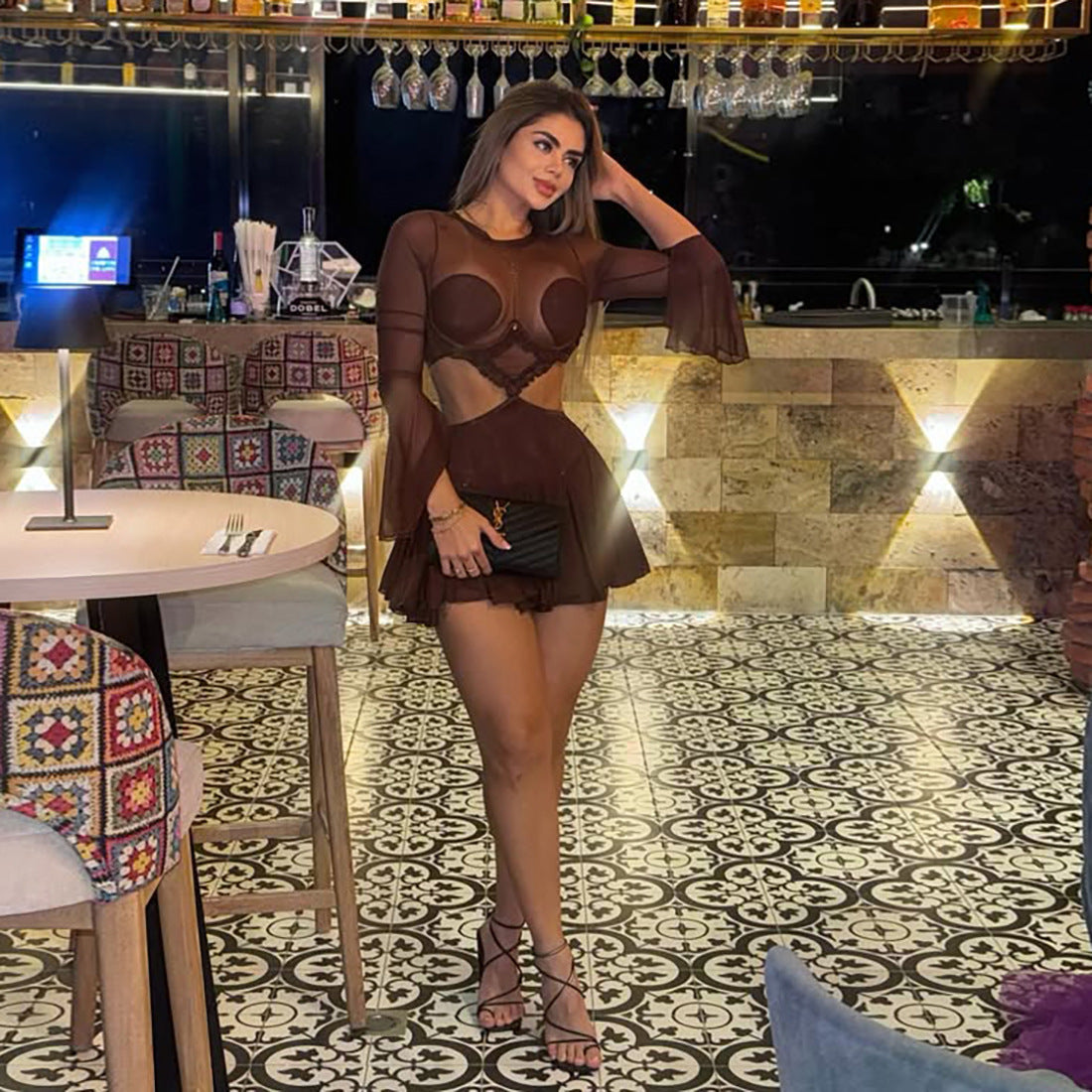 Mesh splicing perspective long sleeved dress