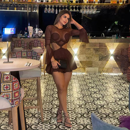 Mesh splicing perspective long sleeved dress