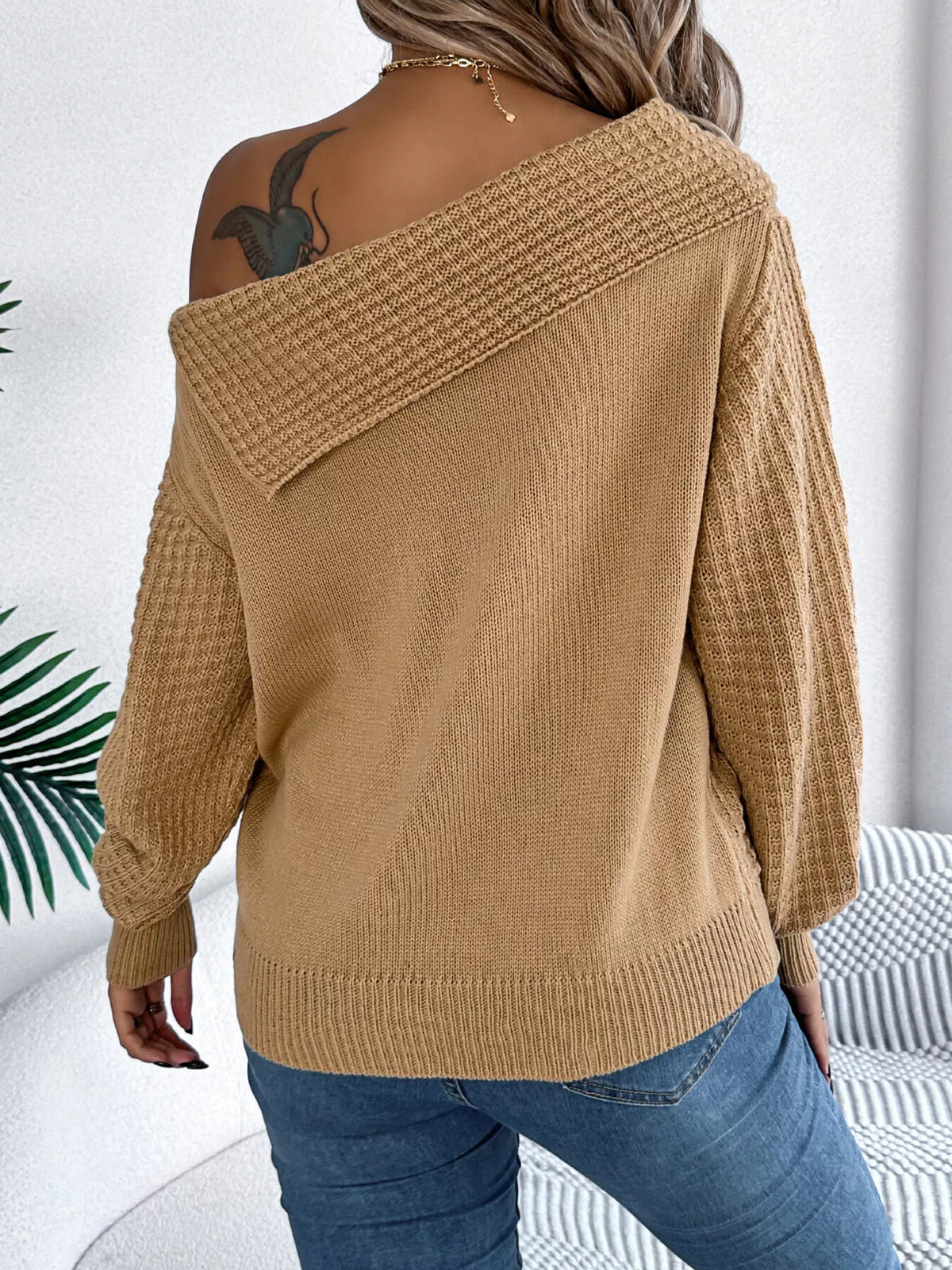 One-shoulder cable knit sweater, view 7