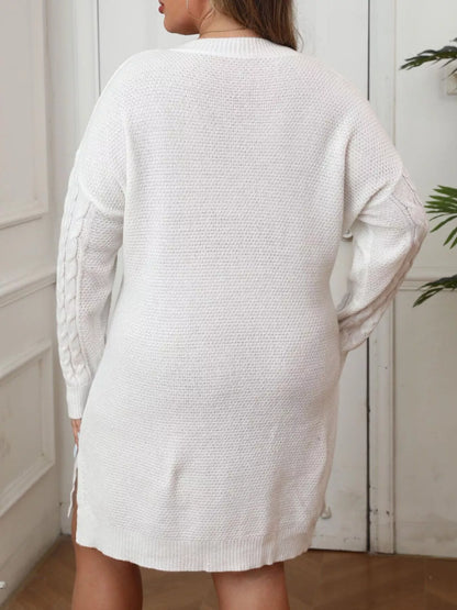 Plus Size Cable Knit Sweater Dress with Contrast Bow Detail