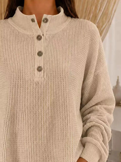 Full Size Waffle Knit Button Detail Sweatshirt Plus Size