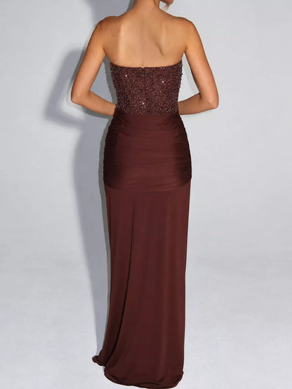 Strapless Sequin Corset Maxi Dress with Draped Skirt