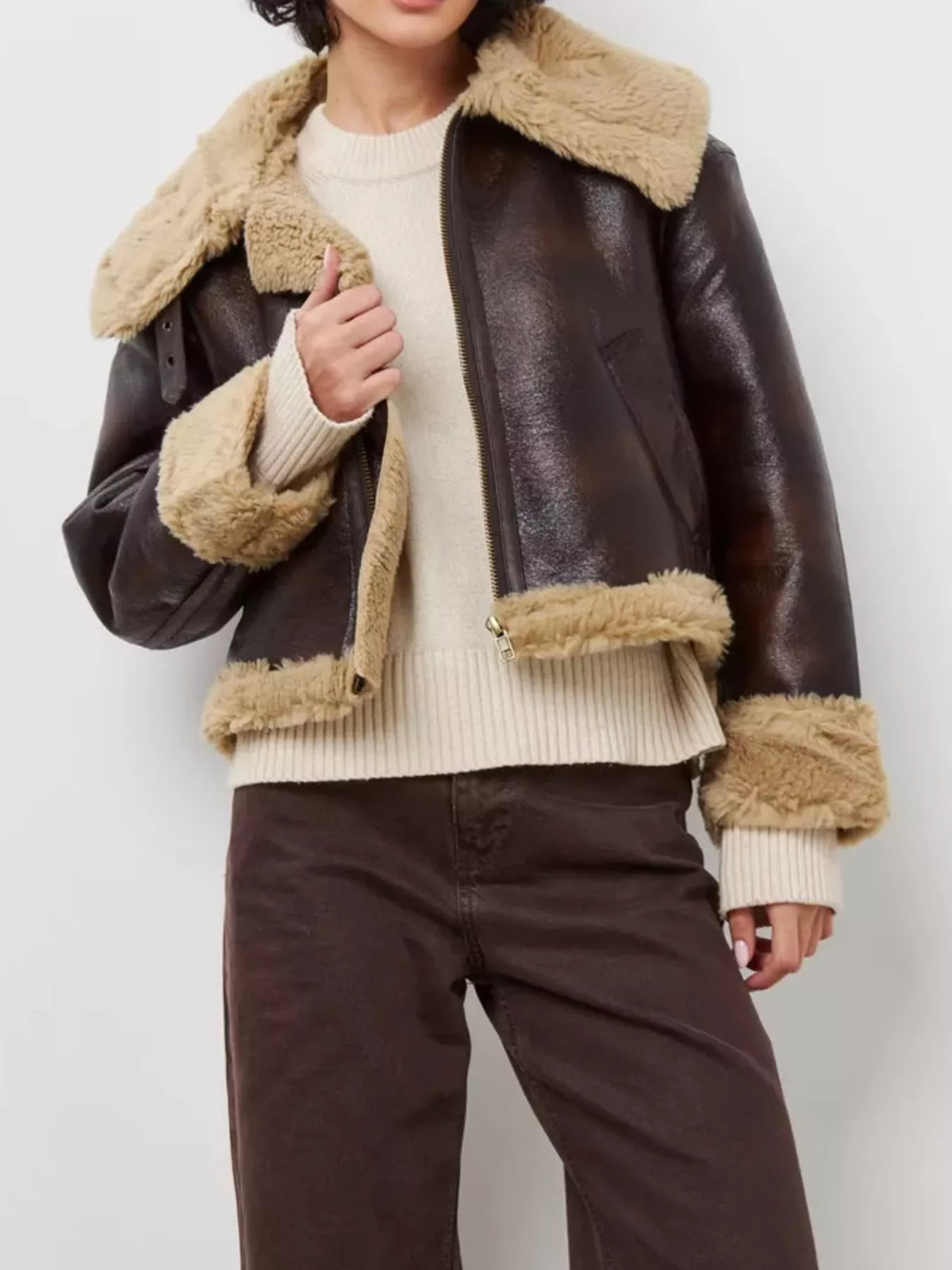 Plush-lined faux leather aviator jacket, view 2