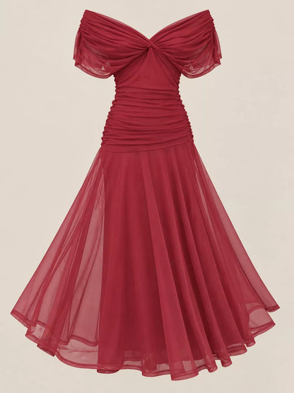 Off-shoulder ruched tulle dress, view 4