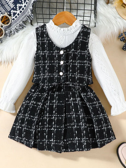 Children's Long Sleeve Top & Plaid Vest & Pleated Skirt Set