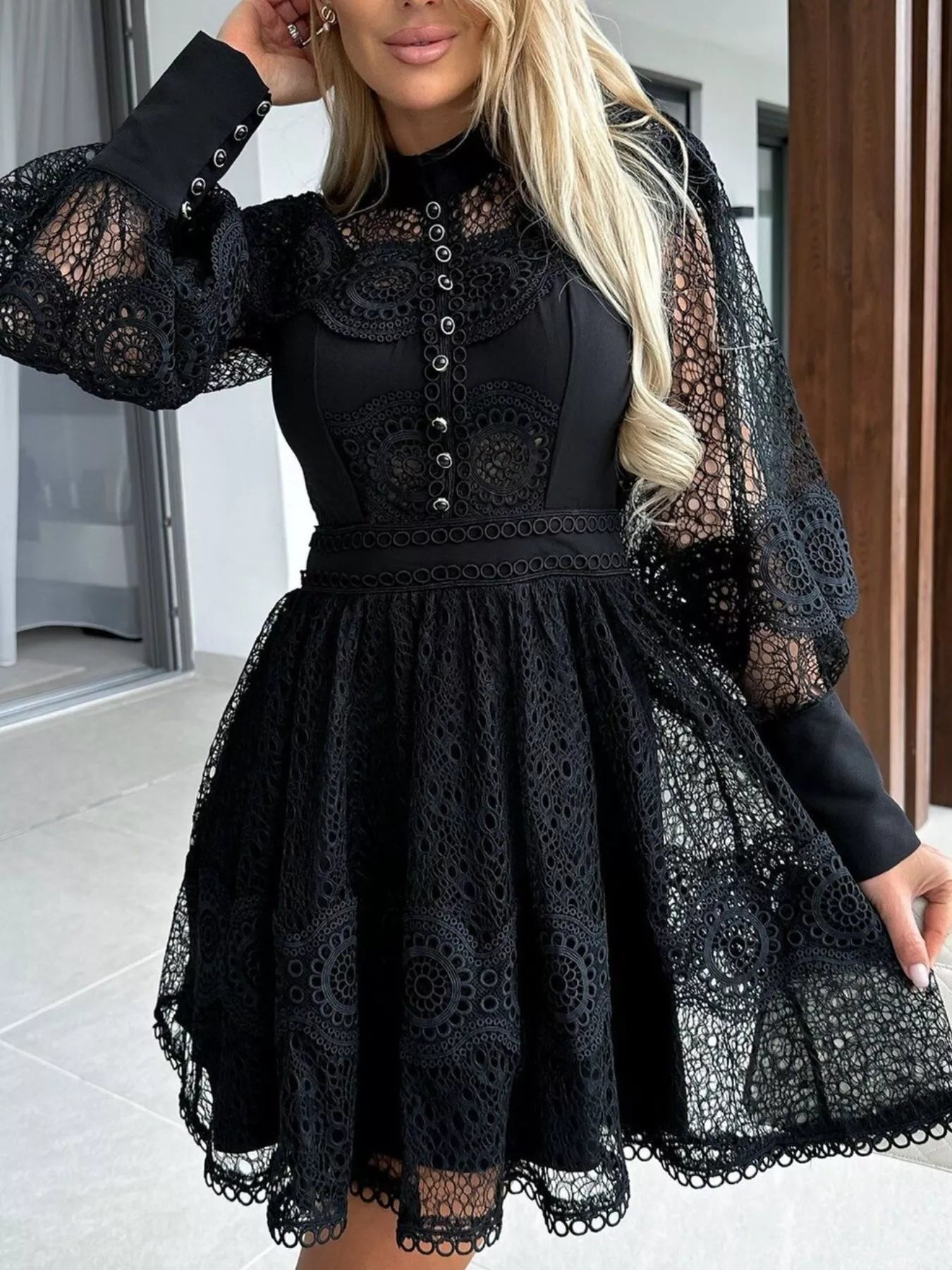 Lace Lantern Sleeve Mini Dress