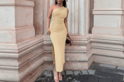 One-Shoulder Ruched Bodycon Slit Dress