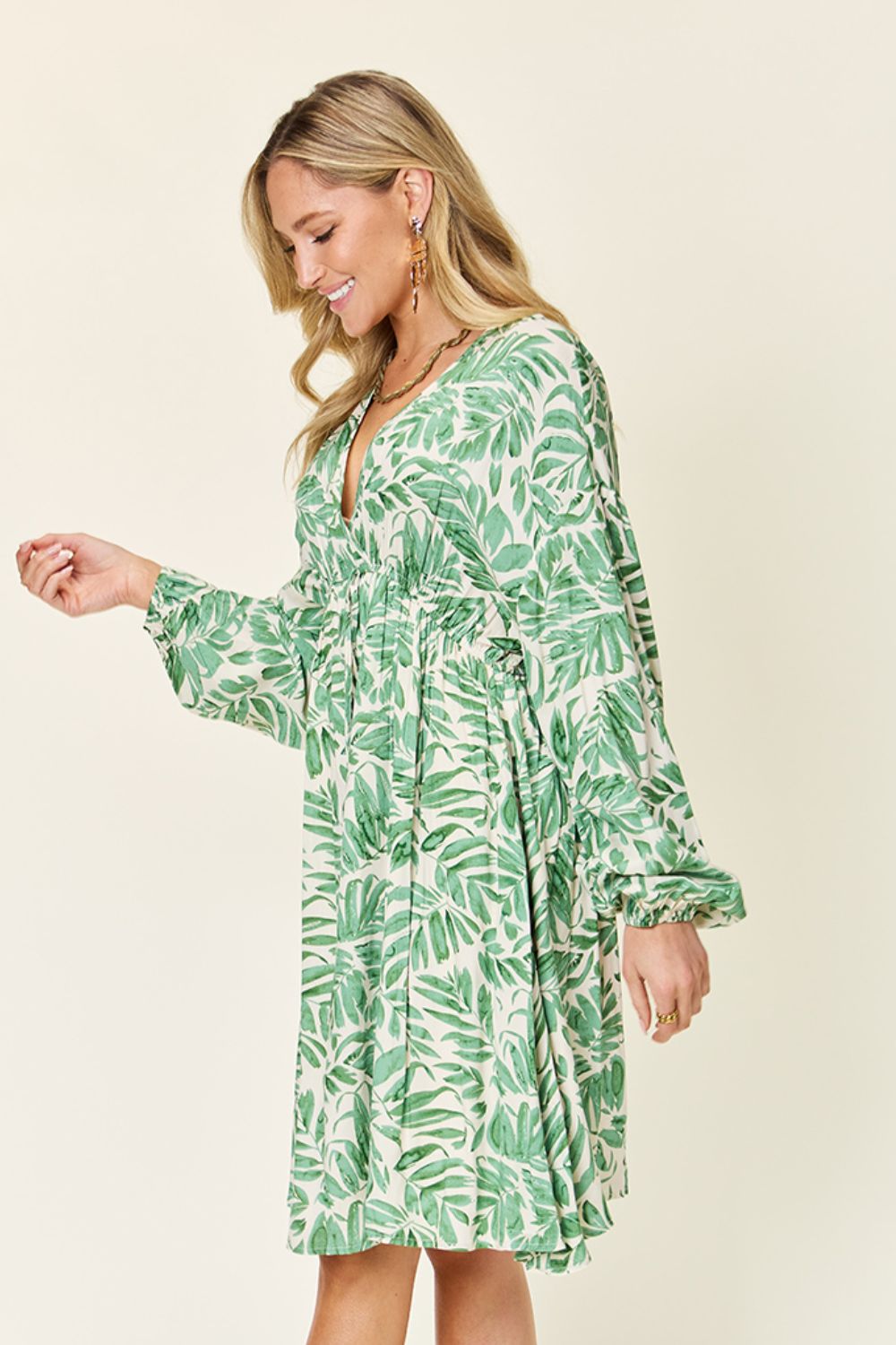 Printed Ruched Balloon Sleeve Dress - MONLANE