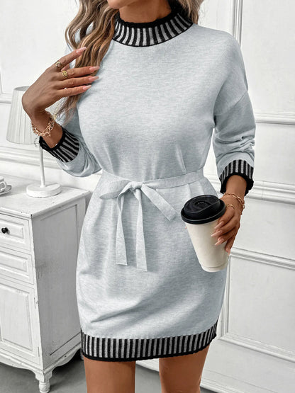Striped Trim Tie Waist Sweater Dress
