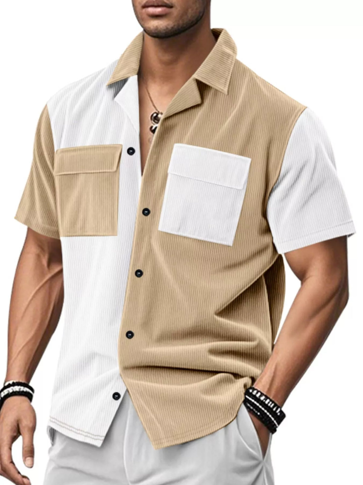 Two-tone corduroy shirt in Khaki and White
