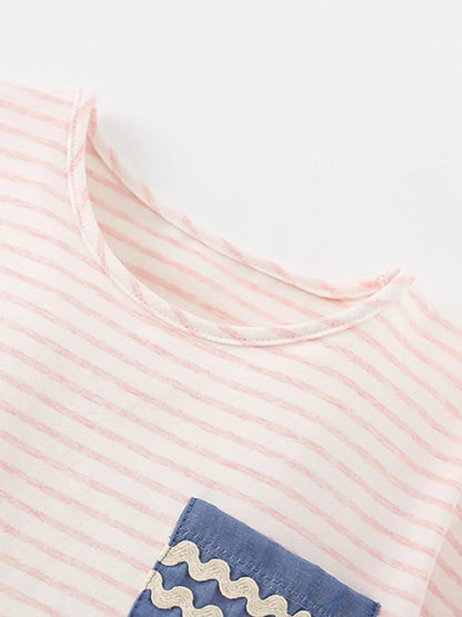 Children's Cute Cartoon Caterpillar Applique Striped T-Shirt