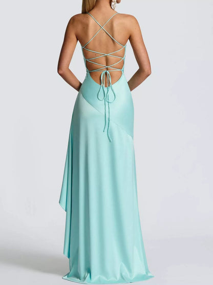 Backless High-Low Ruffle Hem Evening Dress with Side Slit
