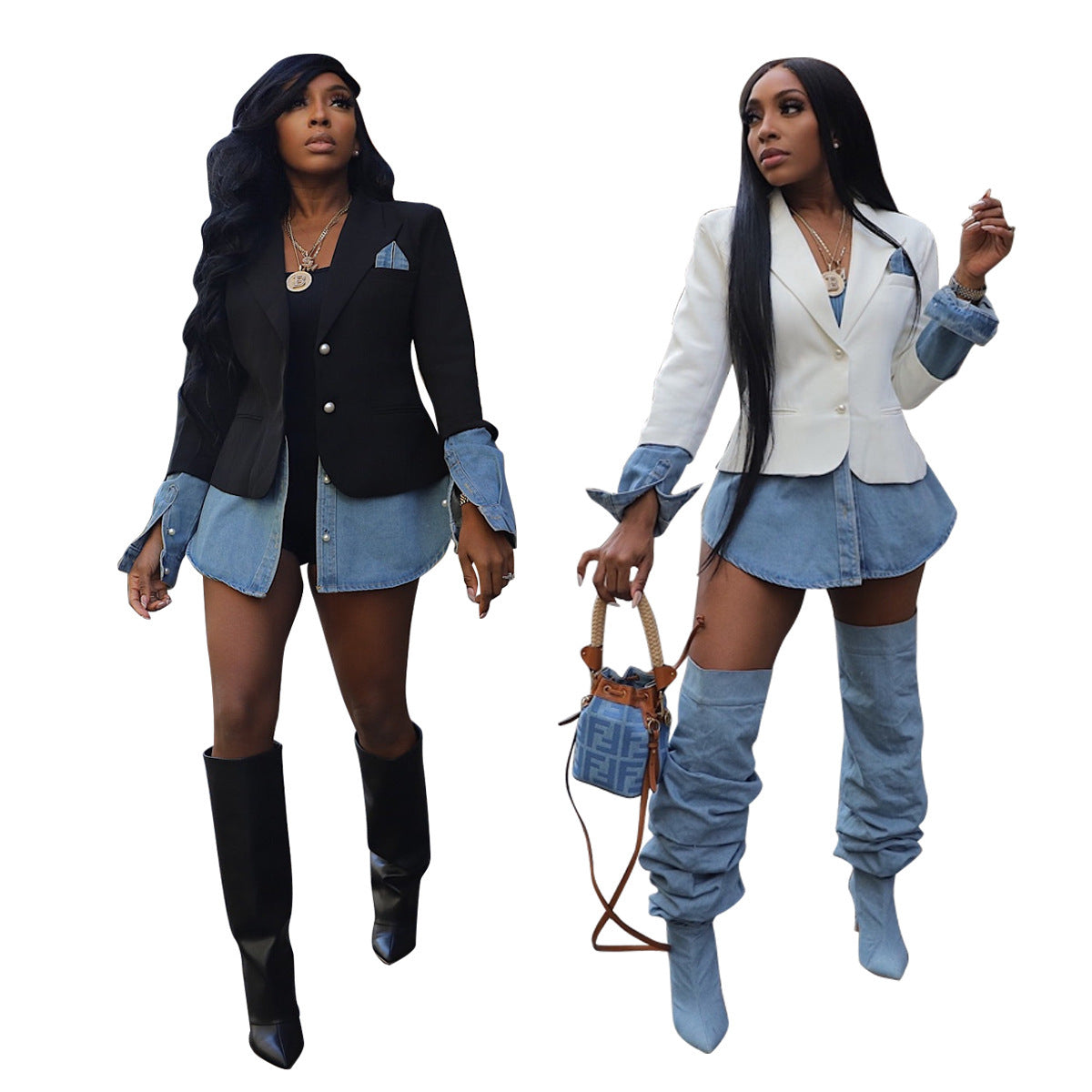 Splicing denim suit jacket