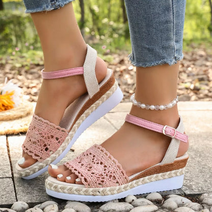 Crochet espadrille sandals in pink