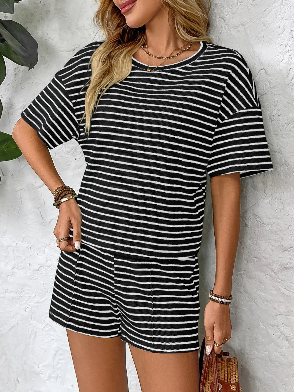 Striped Short Sleeve Shorts Set