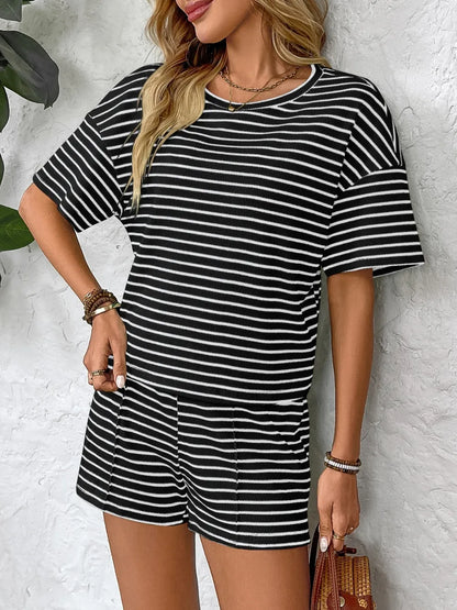 Striped Short Sleeve Shorts Set