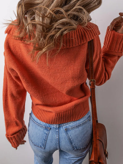 Collared V Neck Ribbed Edge Sweater