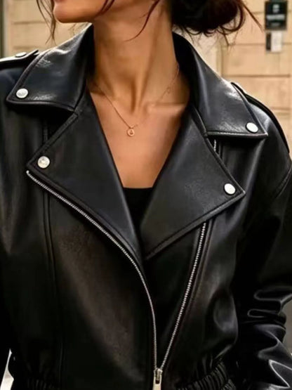 Cropped faux leather biker jacket, view 6